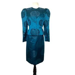 Vintage 80's Asian inspire tailored teal green skirt jacket suit size Small